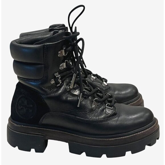 Tory Burch Miller Black Leather Suede Logo Lug Hiker Moto Ankle Boots - Picture 4 of 16